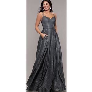 Metallic dark silver sparkly formal gown